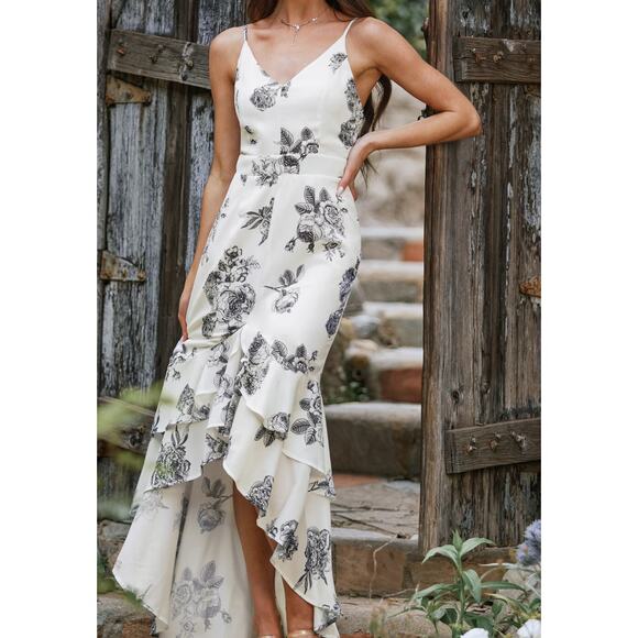 NWT Lulus Cupshe Darling Daylily Black White Floral Print High-Low Maxi Dress S - Picture 8 of 8
